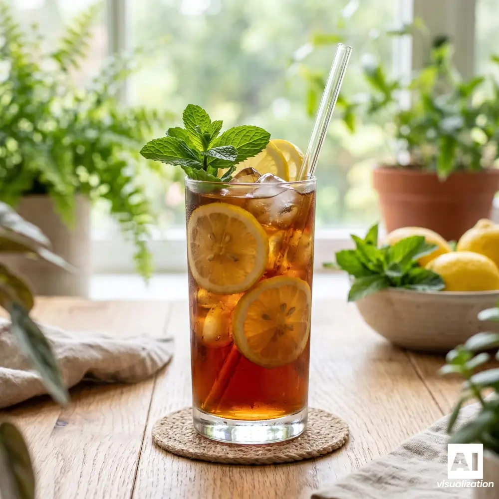 Un thé glacé noir avec du citron, de la menthe et des glaçons, servi dans un grand verre.