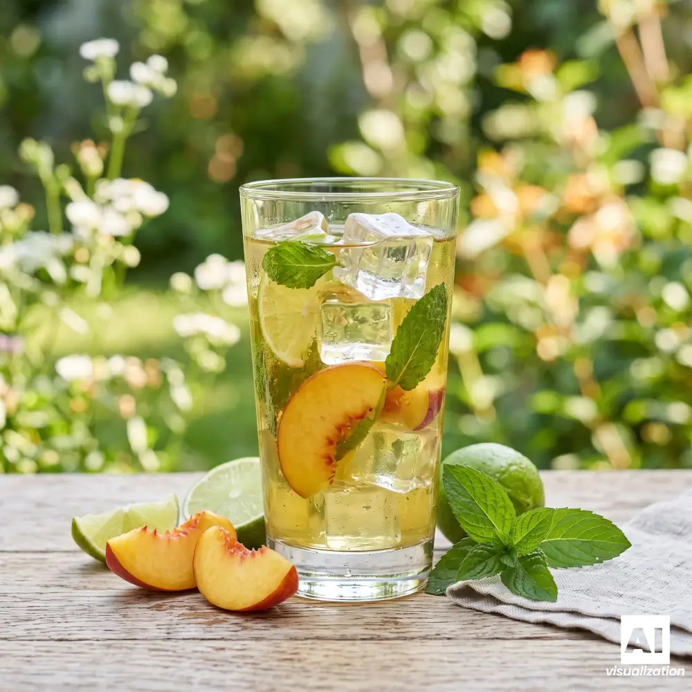 Thé vert glacé à la pêche, au citron vert, à la menthe et aux glaçons.