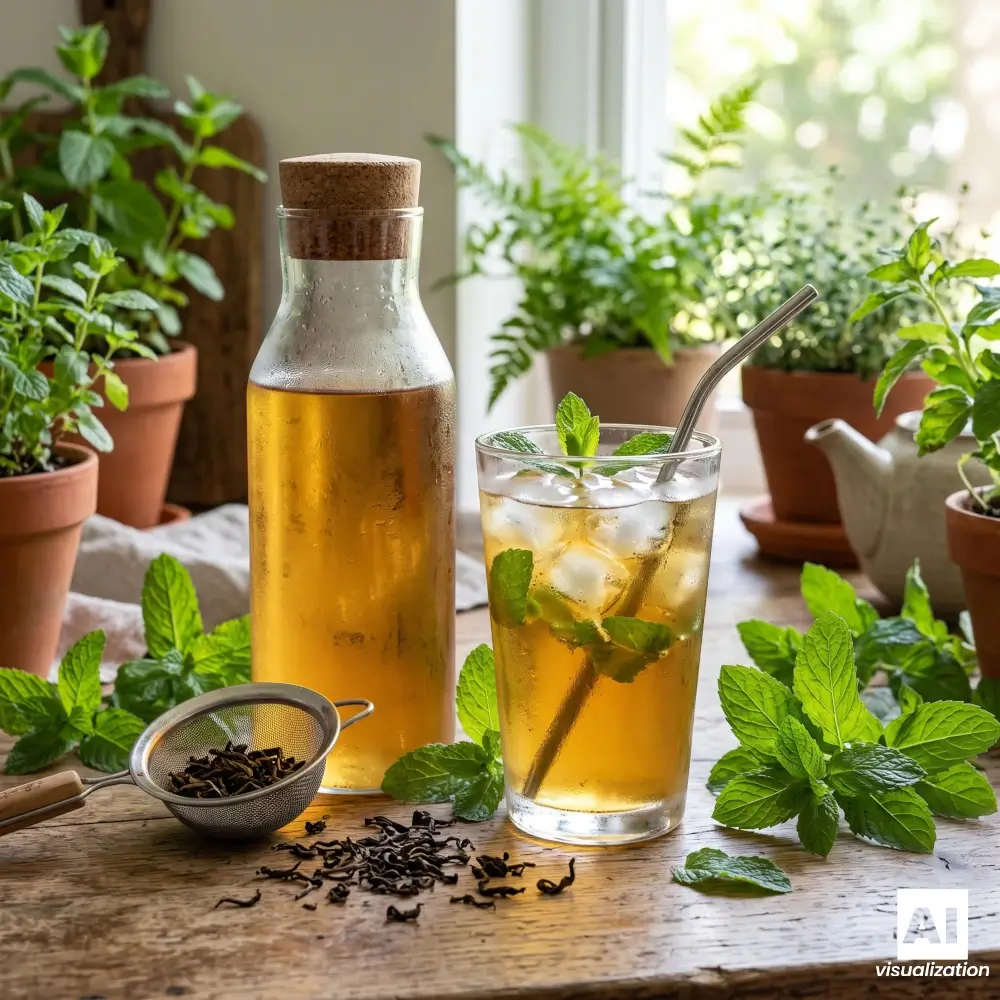 Un verre de thé infusé à froid avec de la menthe et des glaçons, posé à côté d'une bouteille de thé.
