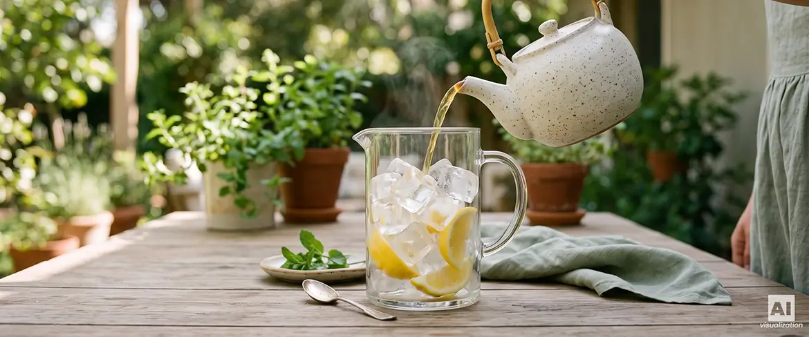 Du thé chaud versé sur des glaçons, avec des rondelles de citron et de la menthe.