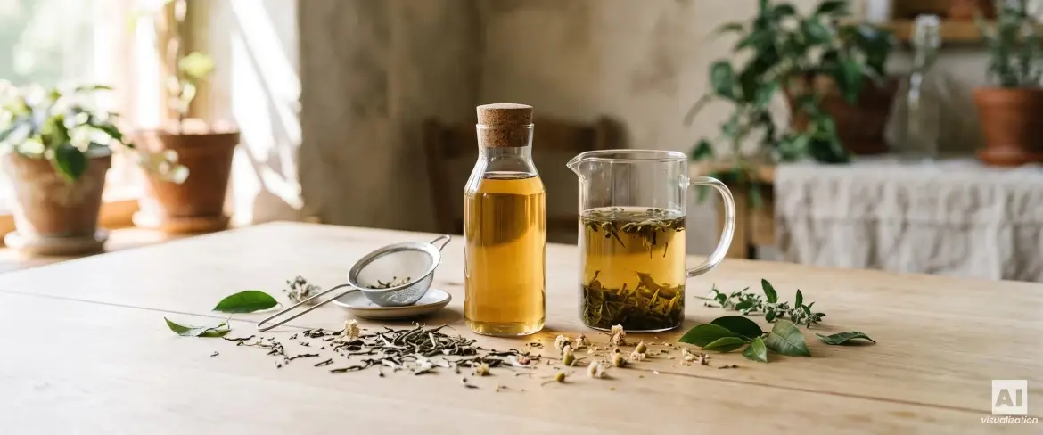 Thé infusé à froid dans une carafe en verre et une bouteille, avec des feuilles de thé et une passoire.