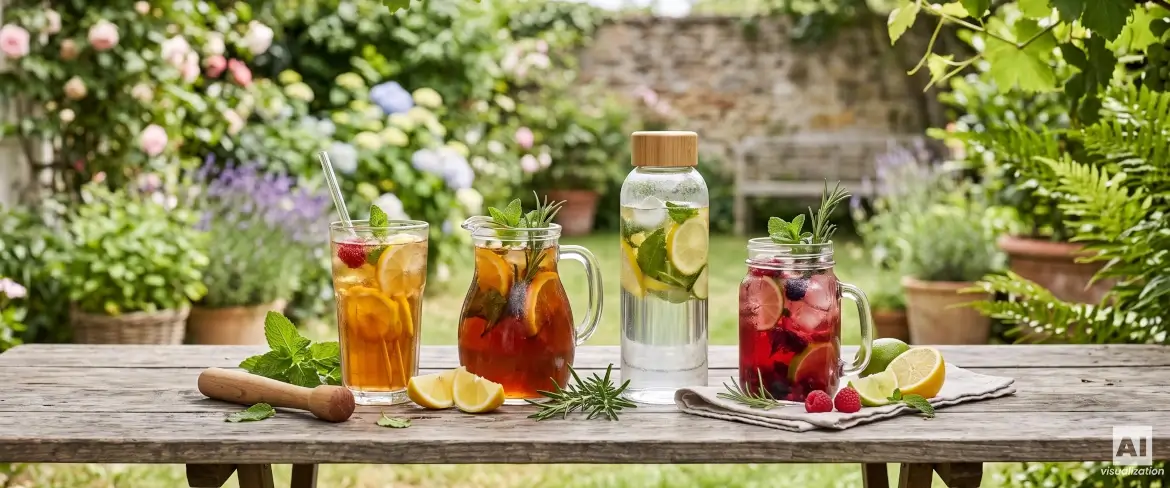 Diverses boissons fraîches servies dans des verres, des pichets, des bocaux et une bouteille agrémentée de fruits et d'herbes aromatiques.
