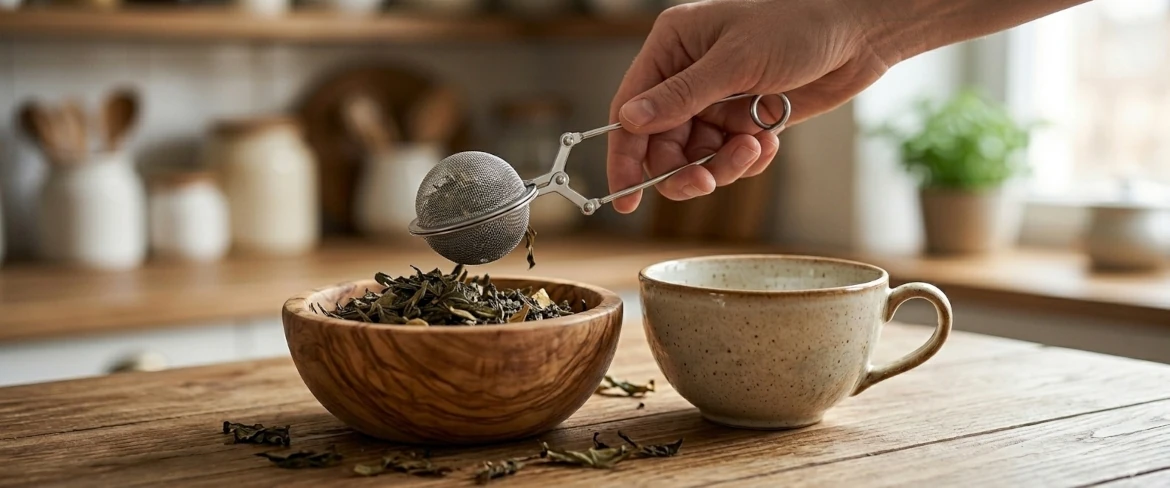 Une passoire à thé en acier en forme de pince servant à prélever des feuilles de thé en vrac dans un bol en bois