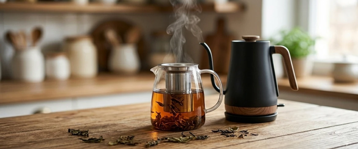 Une théière en verre avec un infuseur rempli de thé déjà infusé et une bouilloire moderne : un service à thé idéal