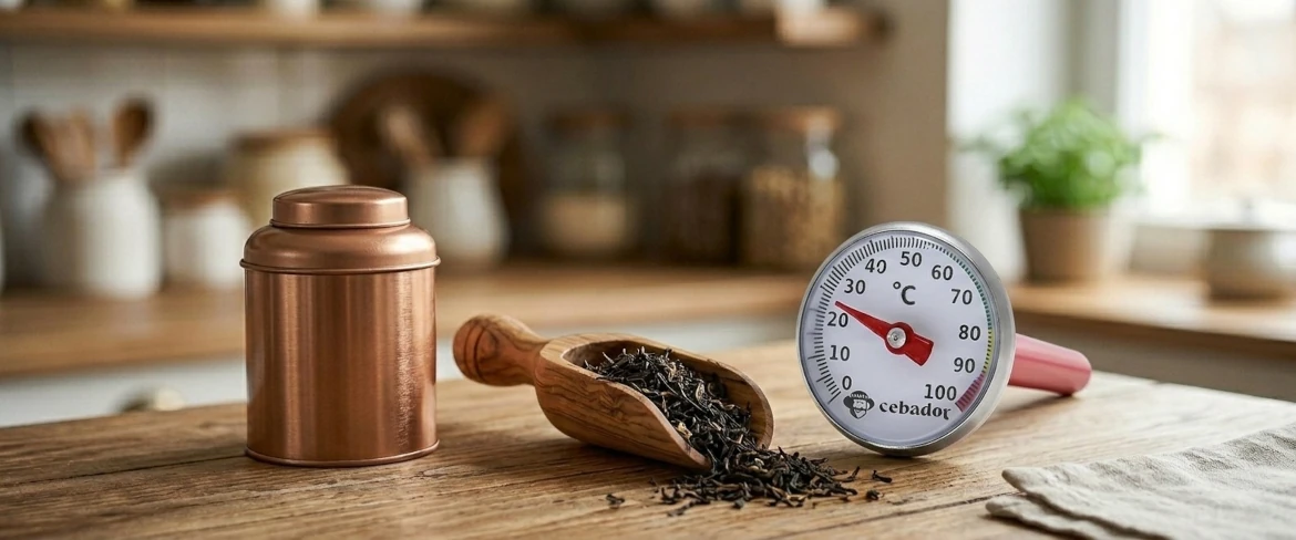 Les indispensables pour le thé : une boîte à thé en métal, une cuillère doseuse en bois remplie de feuilles de thé en vrac et un thermomètre à thé
