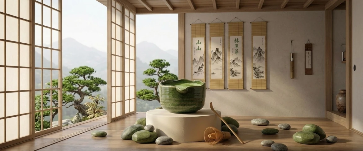 Bol à matcha et fouet dans un intérieur traditionnel inspiré du chanoyu