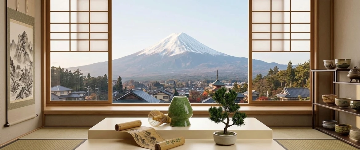 Accessoires pour le matcha dans un arrangement de style japonais traditionnel