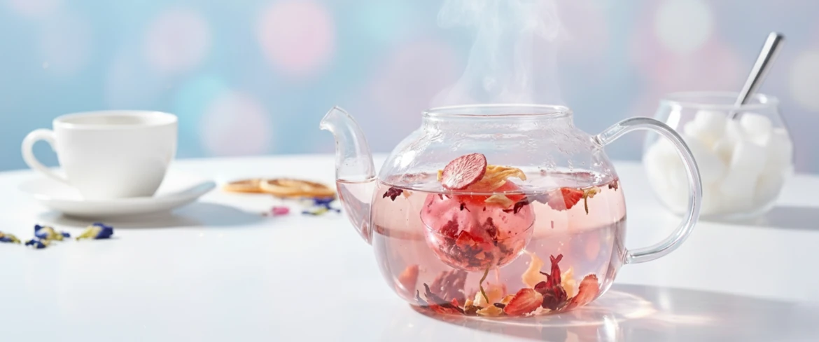 Boule d'isomalt préparée pour l'infusion – thé cristallisé dans une théière en verre