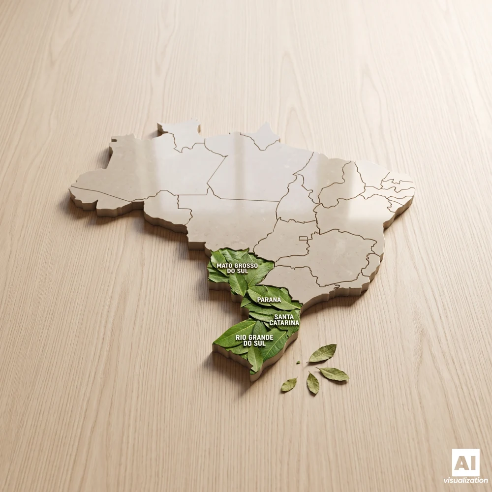Carte du Brésil indiquant les régions de culture de la yerba mate, signalées par des feuilles vertes.