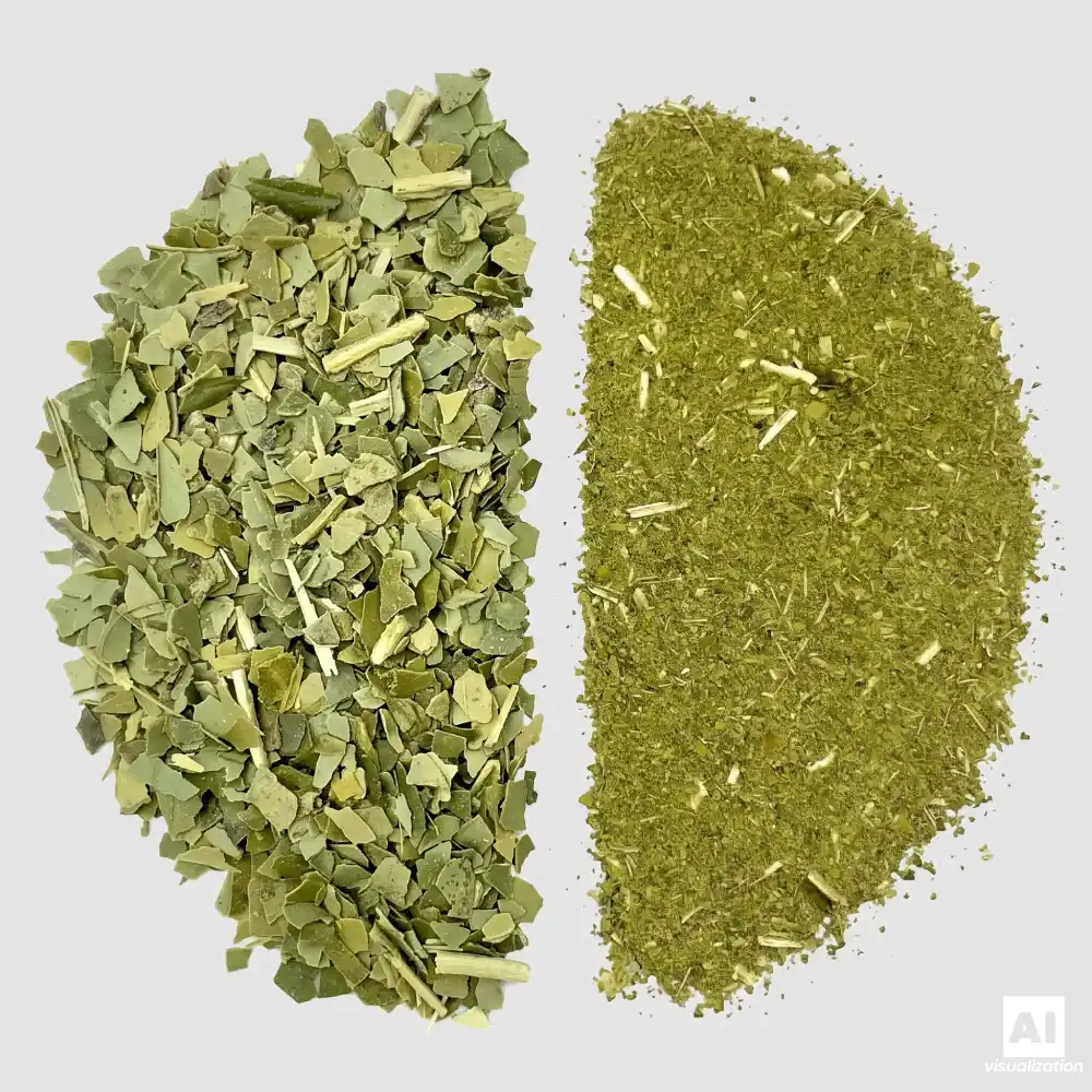 Comparaison entre la yerba mate « despalada » verte et le chimarrão finement moulu.