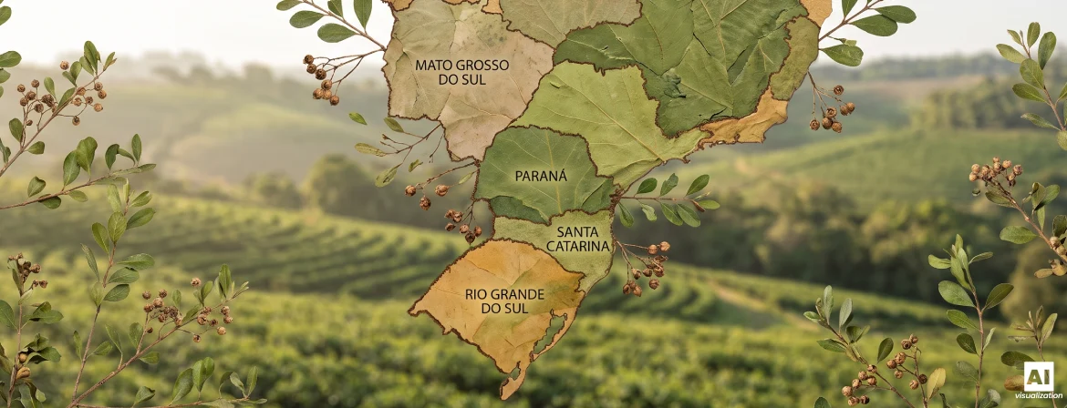 Carte des régions de culture de la yerba mate au Brésil, sur fond de plantations et de feuilles de yerba mate.