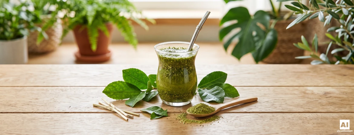 Récipient en verre contenant de la yerba maté verte du Brésil, des feuilles de yerba maté et une feuille verte séchée posée sur une cuillère.