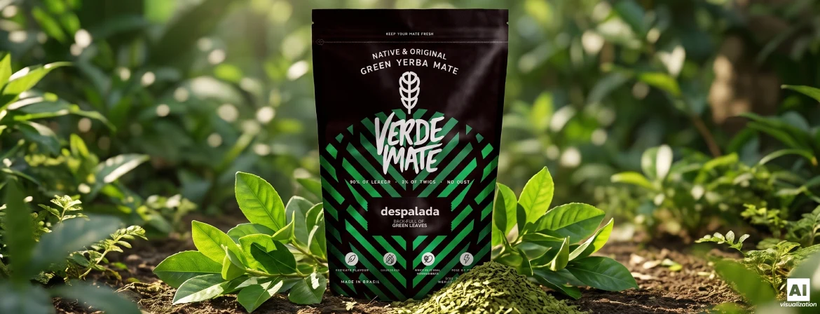 Sachet « Verde Mate Green Despalada » parmi des feuilles fraîches et de la yerba mate verte séchée.