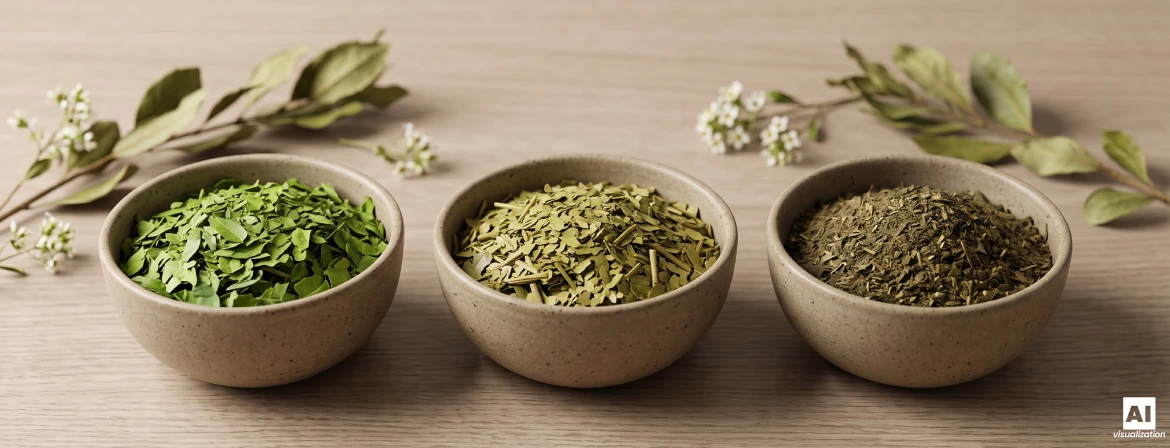 Trois bols de feuilles séchées de yerba mate, de couleurs, de finesse et d'intensité différentes.