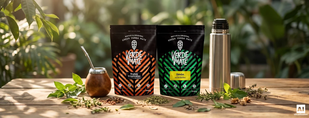 Kit pour préparer du yerba maté brésilien, comprenant une calebasse à maté, une bombilla, un thermos et des sachets Verde Mate.