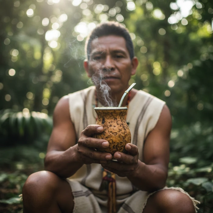 Un homme guaraní buvant du maté dans une calebasse traditionnelle, entouré d'une végétation tropicale.