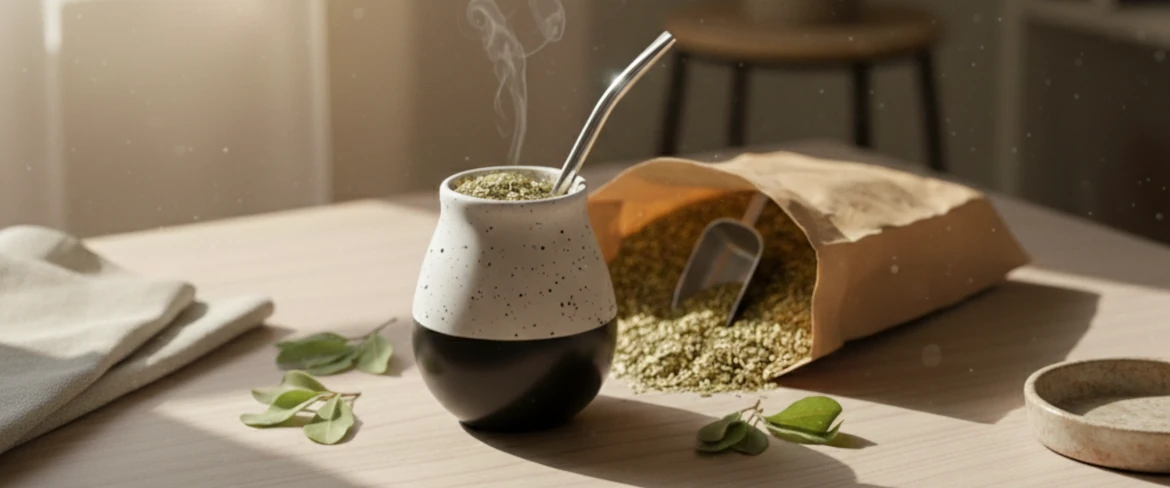Calebasse en céramique avec yerba mate et bombilla – récipient en céramique pour yerba mate à la lumière naturelle