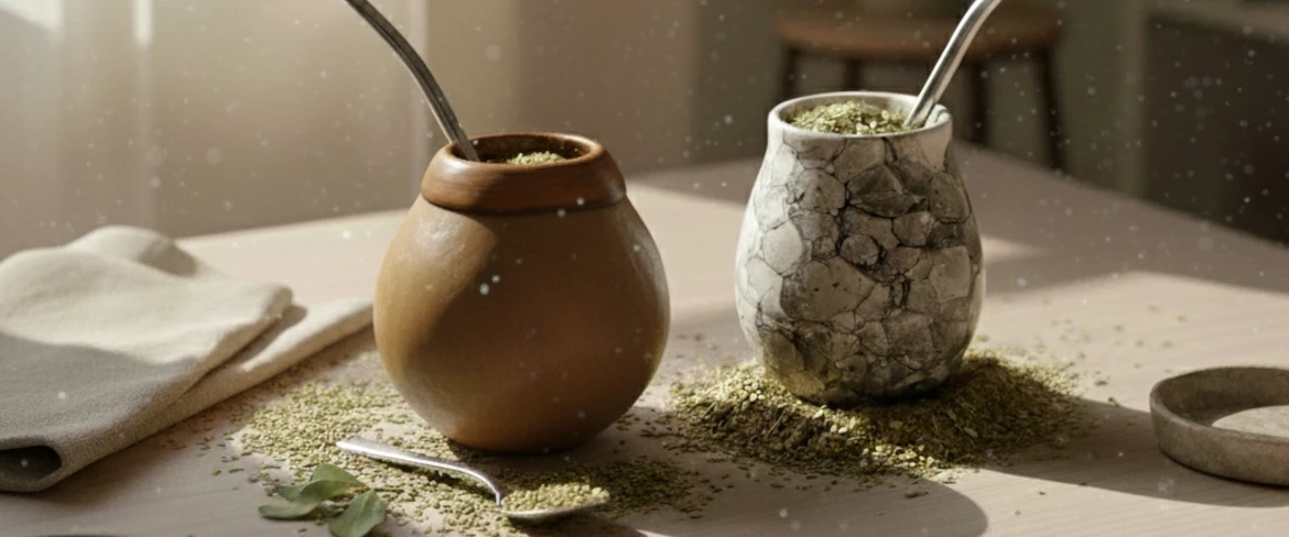 Comparaison : calebasse naturelle et calebasse en céramique côte à côte