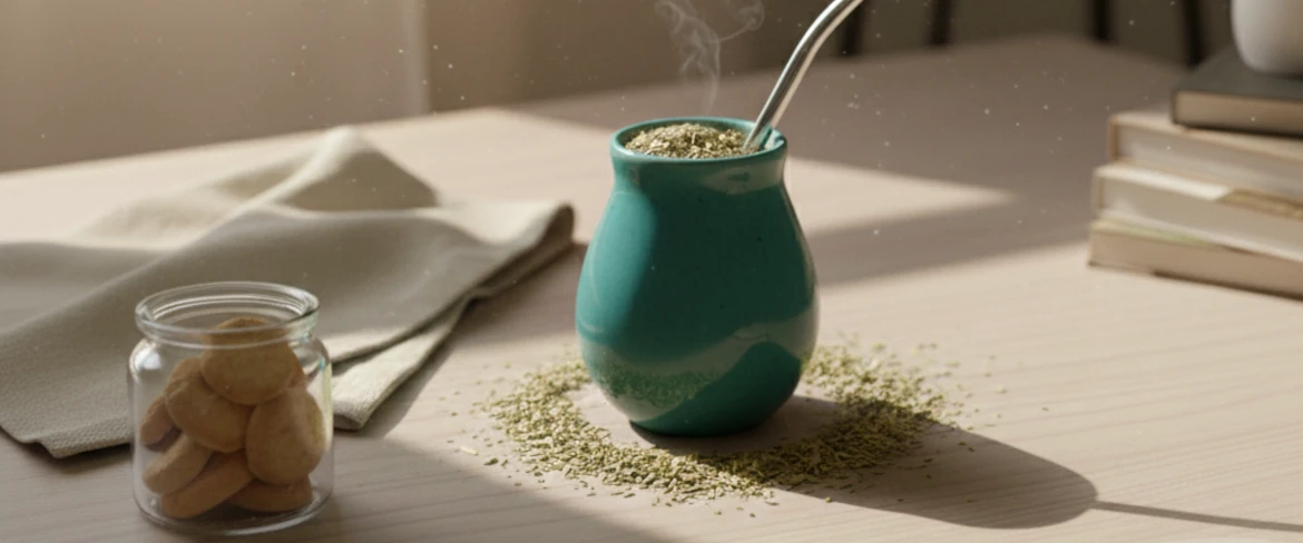 Calebasse moderne en céramique avec yerba mate et bombilla – récipient à yerba mate dans une lumière chaude