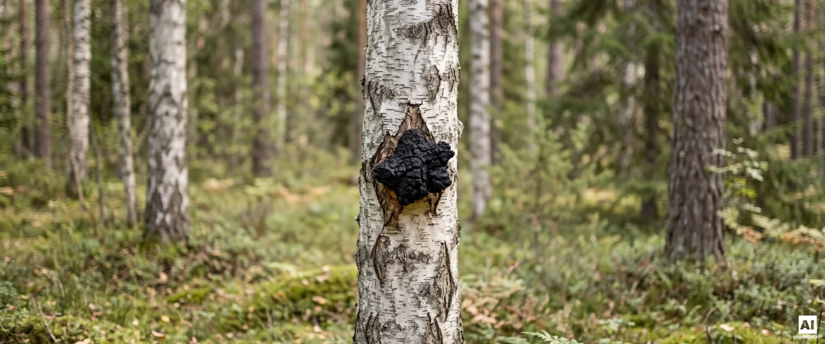 Croissance d'un chaga noir sur un tronc de bouleau dans une forêt du Nord.