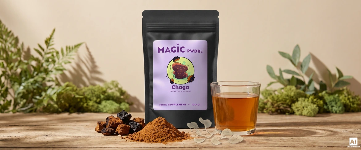 De la poudre d'extrait de chaga, des morceaux de champignons séchés et une infusion, à côté d'un sachet « Magic Pwdr ».