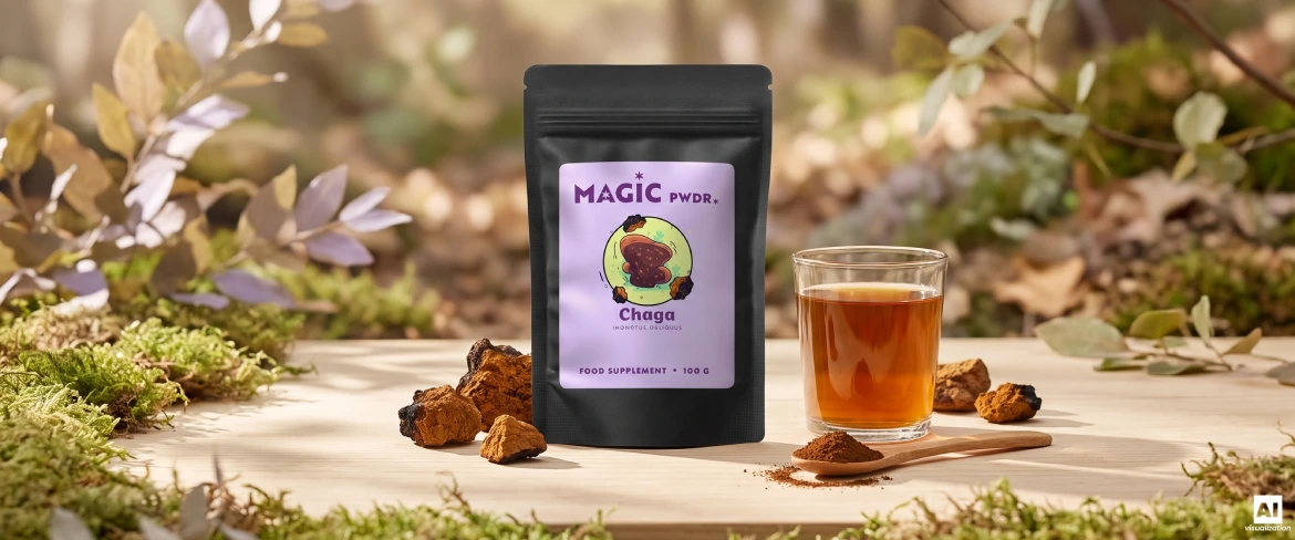 Sachet « Magic Pwdr Chaga » contenant de la poudre d'extrait, des morceaux de champignons séchés et une infusion.