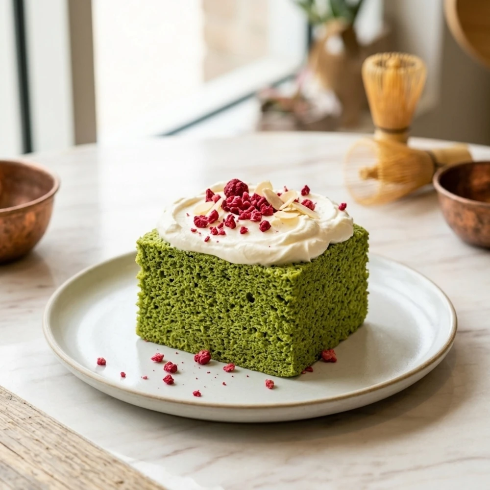 Gâteau moelleux au matcha avec une crème au mascarpone, décoré de crème fouettée et de framboises lyophilisées