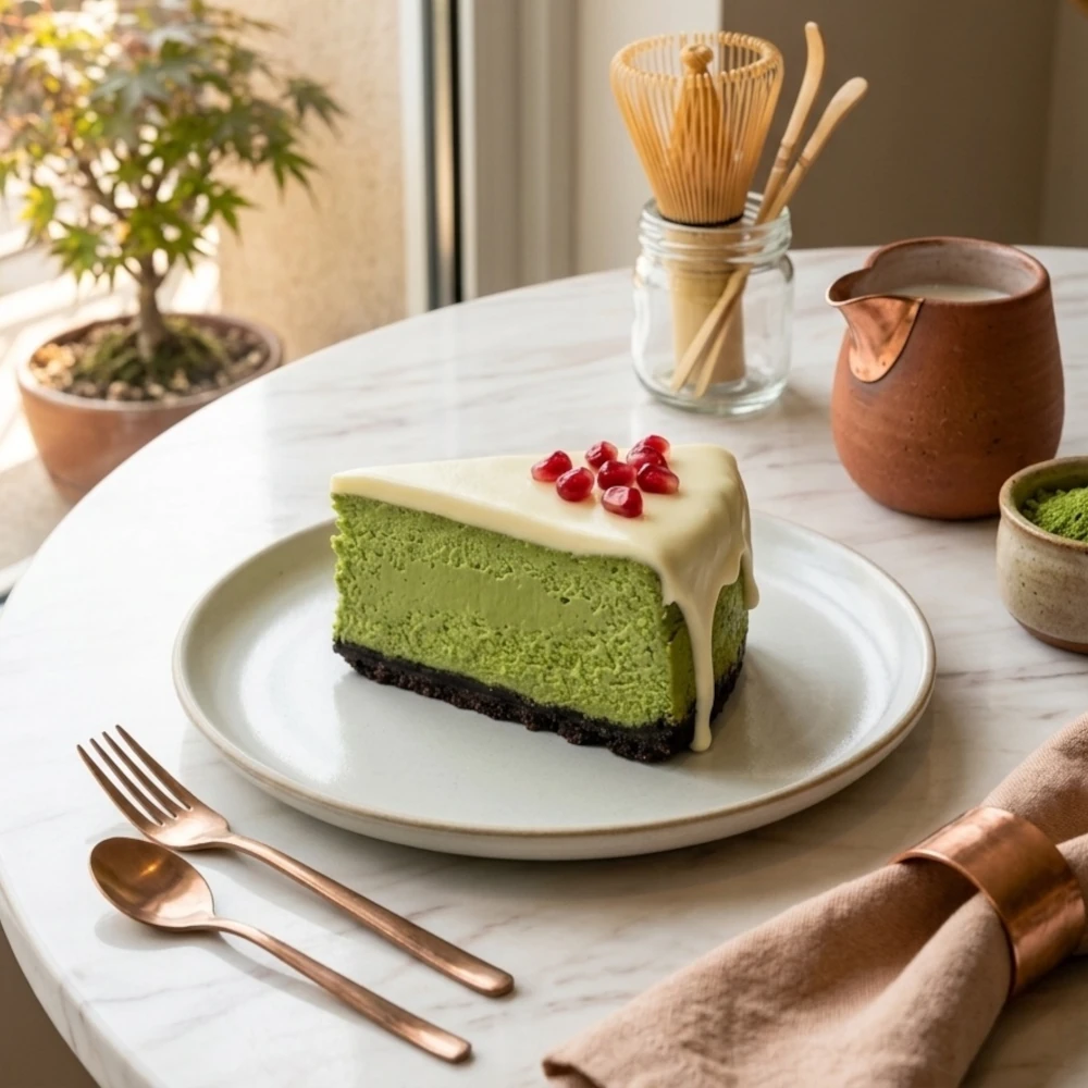 Cheesecake crémeux au matcha, garni de chocolat blanc et de graines de grenade, présenté sur une assiette légère