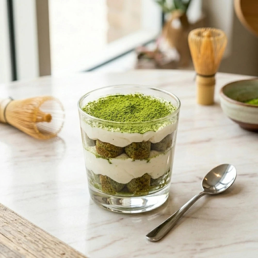 Un tiramisu au matcha en couches, servi dans un verre