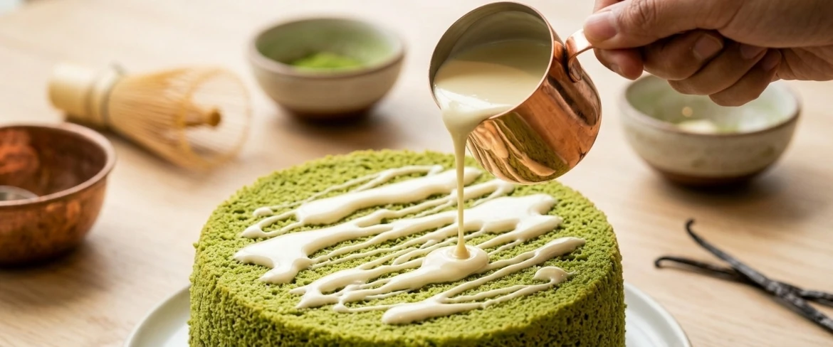 Décorer un gâteau vert d'un glaçage clair, c'est-à-dire un spectaculaire gâteau au matcha recouvert de chocolat blanc