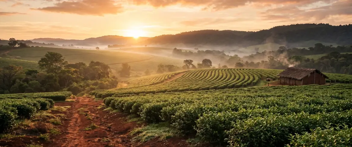Une plantation de houx brumeuse au lever du soleil, d'où provient la yerba mate traditionnelle du Paraguay.