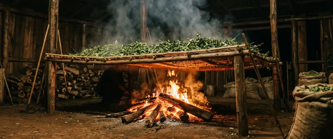 Méthode traditionnelle consistant à faire sécher les feuilles au-dessus d'un feu de « barbacuá », ce qui confère à la yerba mate paraguayenne son goût fumé.