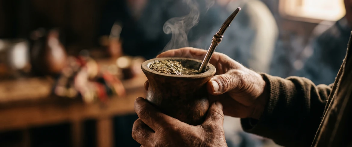 Des mains tenant une calebasse de maté remplie d'une infusion chaude : la saveur, la chaleur et l'effet stimulant de la yerba maté la plus forte.