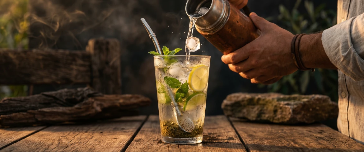 Un tereré rafraîchissant avec des glaçons et de la menthe, préparé à partir de yerba mate paraguayenne traditionnelle.