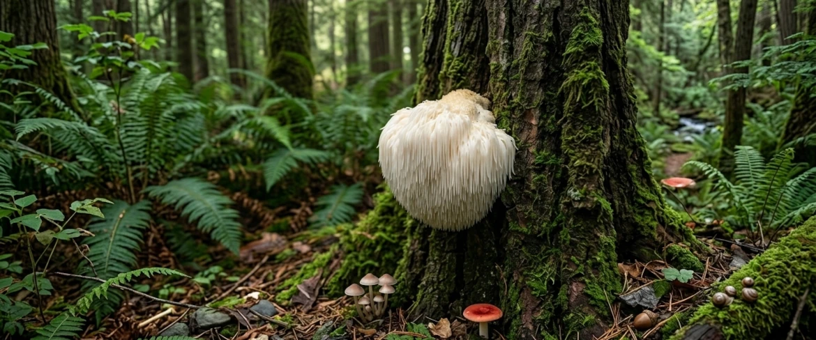Corps fructifère naturel du champignon « crinière de lion » poussant sur un arbre en forêt, utilisé pour produire un extrait riche en bienfaits de ce champignon
