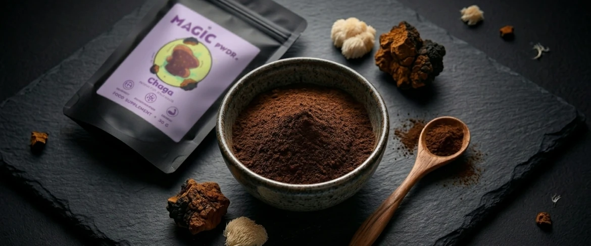 De la poudre de champignon noir dans un bol en céramique et un champignon chaga à côté du produit Magic Pwdr