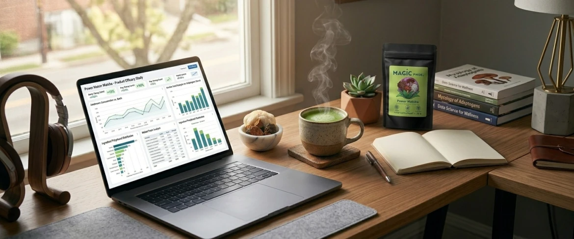 Un espace de travail moderne équipé d'un ordinateur portable et d'une boisson favorisant la concentration, à base d'extraits de champignons fonctionnels