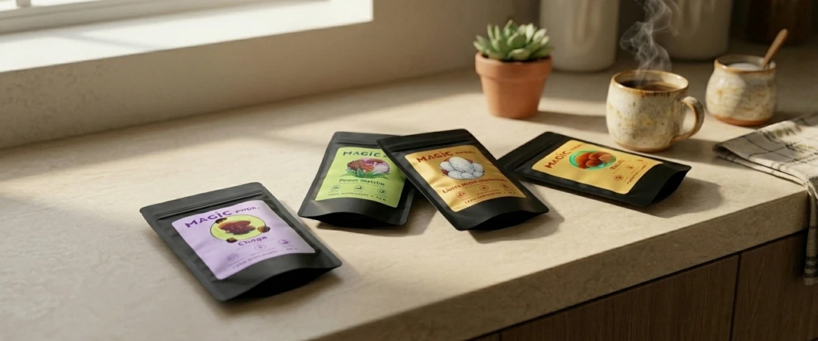 Des compléments alimentaires à base de champignons posés sur un plan de travail de cuisine, présentant toute la gamme Magic Pwdr, notamment le reishi, le chaga et la crinière de lion