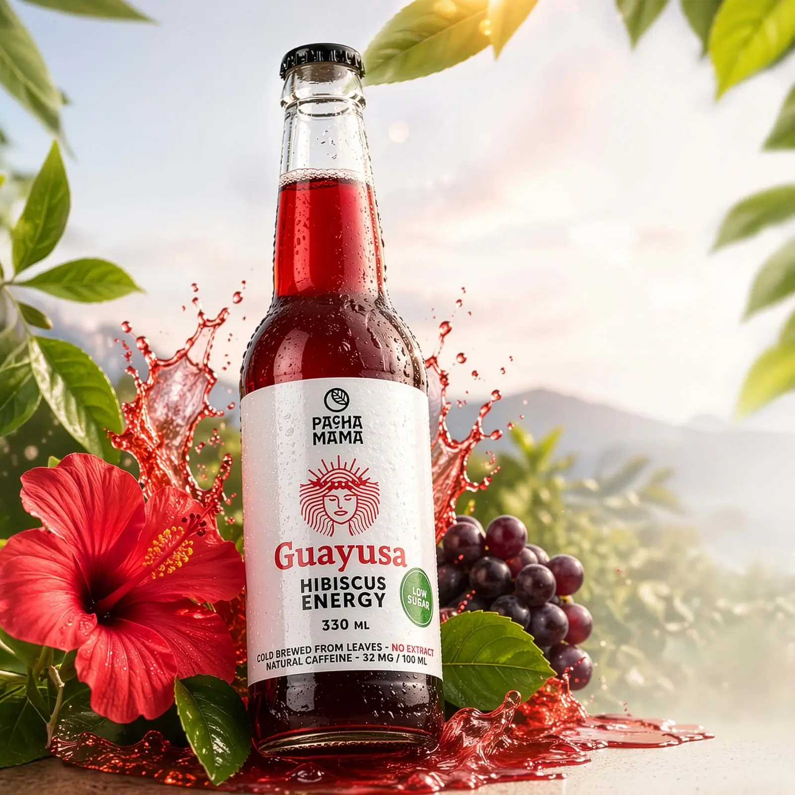 Boisson énergétique « Guayusa Pachamama Cold Brew Hibiscus » en bouteille