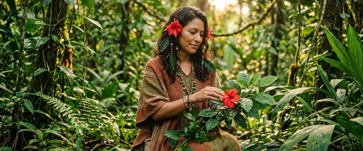 Une femme incarnant une déesse andine, entourée par la nature amazonienne et des fleurs d'hibiscus – symbole de la philosophie durable de Pachamama Guayusa.