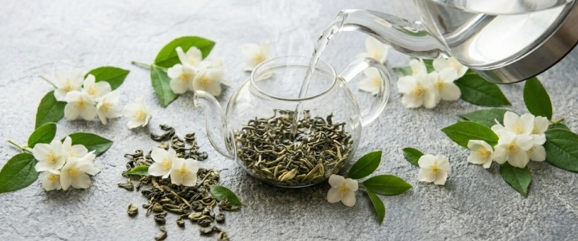 Du thé au jasmin chinois en train d'infuser dans une théière