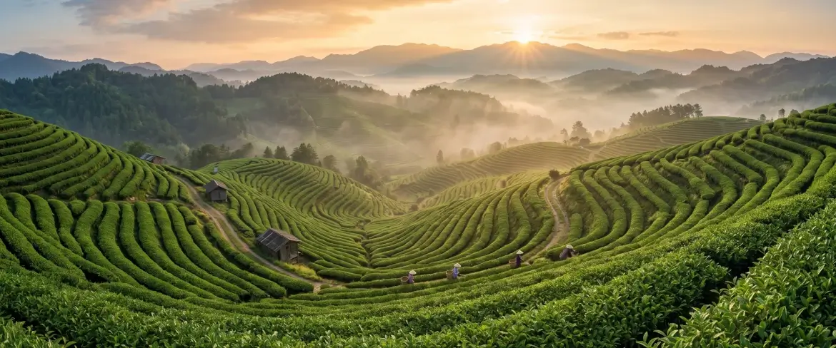 Une plantation de thé pittoresque au lever du soleil.