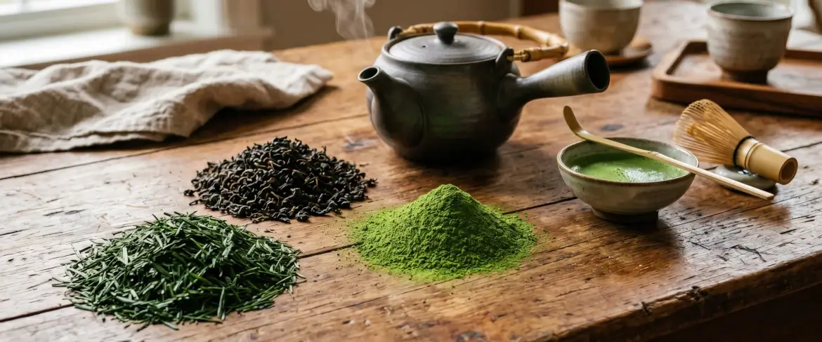 Des feuilles de thé en vrac posées sur une table en bois : du thé vert chinois, du matcha japonais en poudre et du thé noir indien roulé.