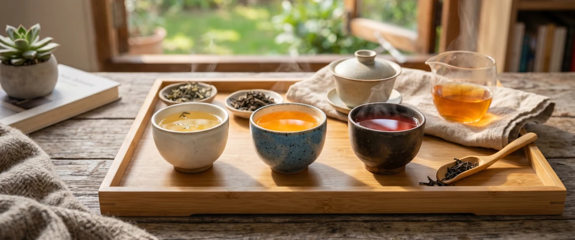 Trois tasses d'infusions chaudes posées sur un plateau en bambou, représentant différents types de thé : un thé chinois délicat, un thé japonais frais et un thé indien corsé.