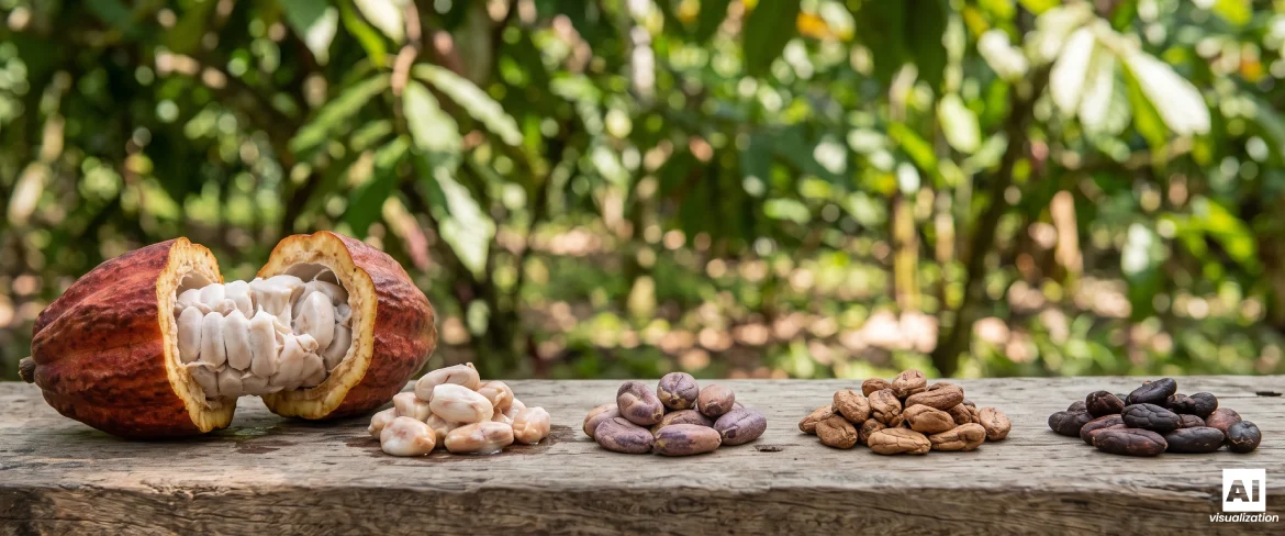 Des fruits de cacaoyer et des fèves de cacao, avec en arrière-plan une plantation tropicale.