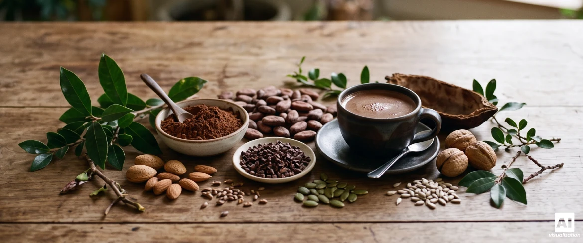 Une tasse de chocolat chaud à base de cacao en poudre, de fèves de cacao et d'ingrédients d'origine végétale.