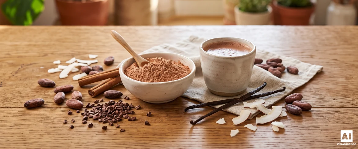 Poudre de cacao naturelle avec des fèves de cacao et une tasse de boisson.
