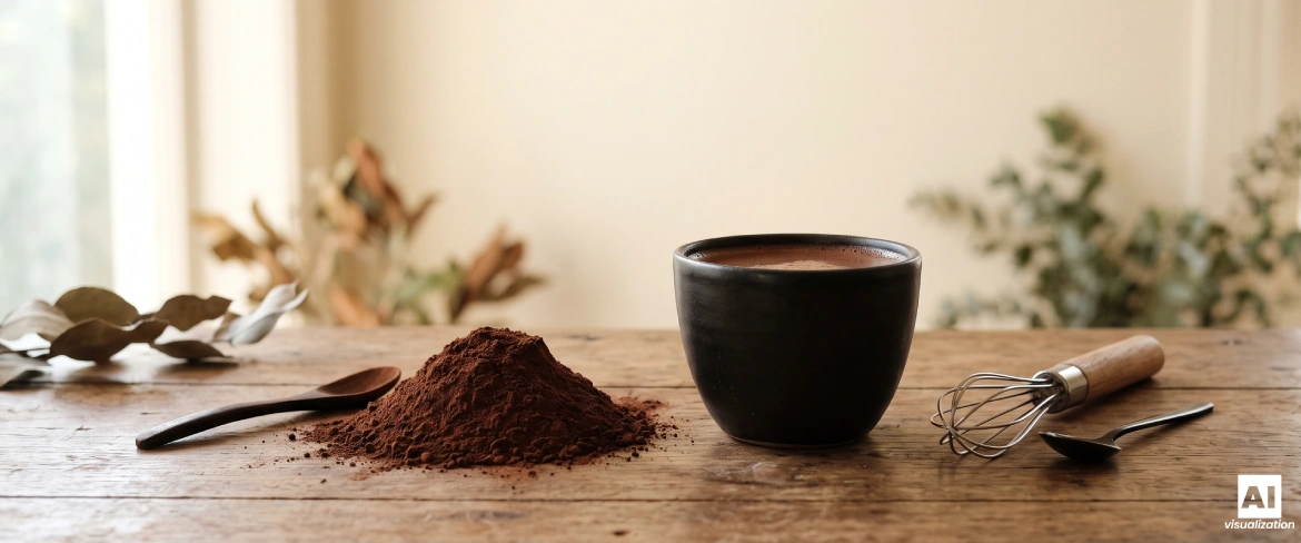 Du cacao en poudre alcalinisé et une boisson au cacao noir préparée au fouet.