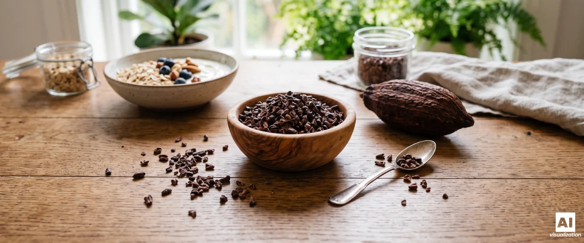 Des fèves de cacao concassées dans un bol, accompagnées d'un fruit de cacao et d'un petit-déjeuner.