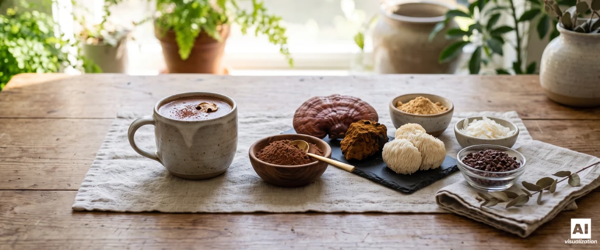 Une tasse de chocolat chaud, de la poudre de cacao, des champignons reishi, chaga et crinière de lion, ainsi que des fèves de cacao, posés sur une table en bois.